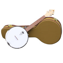 Load image into Gallery viewer, a duke10 tenor banjolele leaning against the included vintage-style tweed hard case