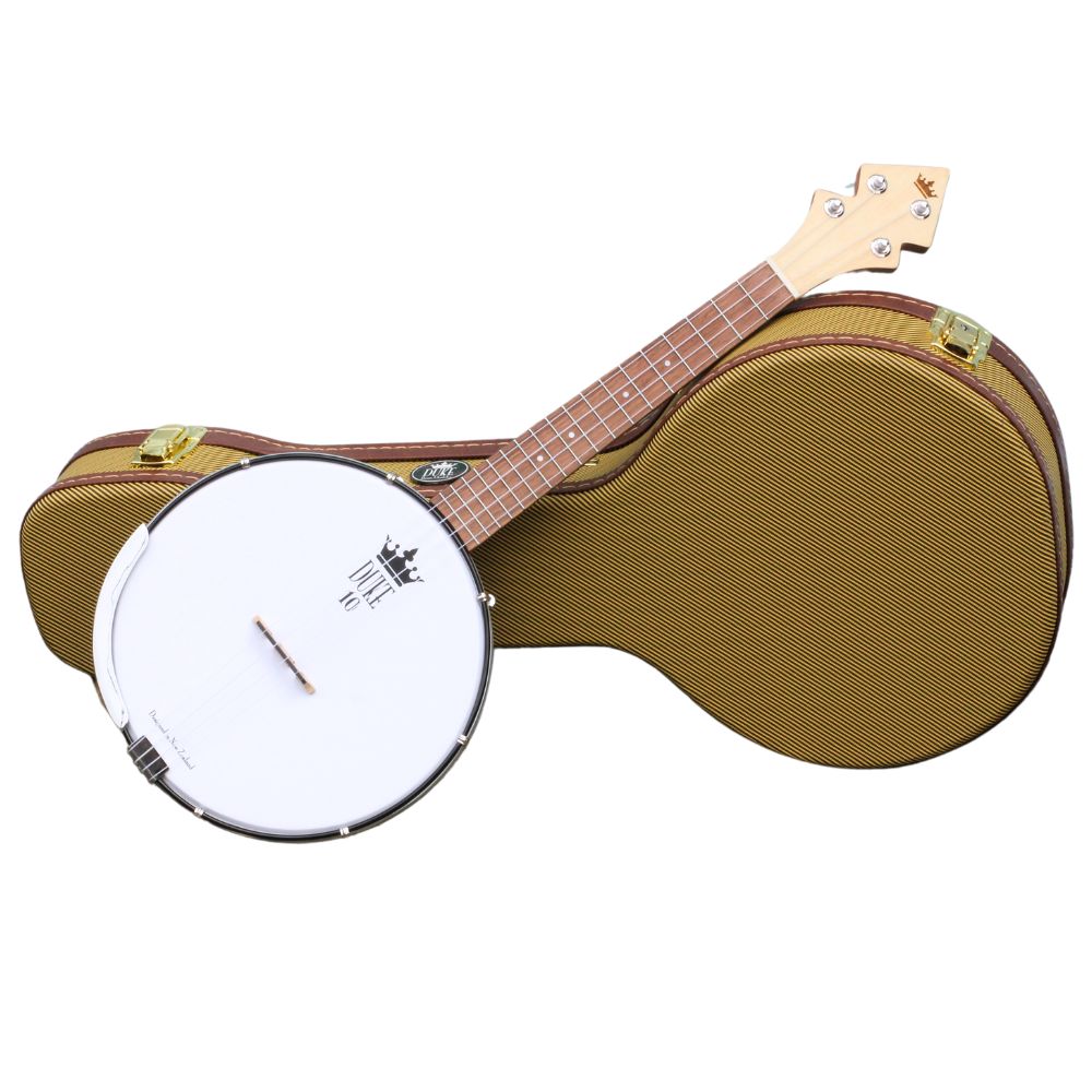 a duke10 tenor banjolele leaning against the included vintage-style tweed hard case