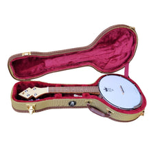 Load image into Gallery viewer, a duke10 tenor banjo ukulele shown sitting inside the included vintage-style tweed hard case