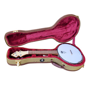 a duke10 tenor banjo ukulele shown sitting inside the included vintage-style tweed hard case